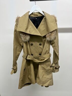 Rebecca Minkoff Khaki Trench Coat with Fur Trim